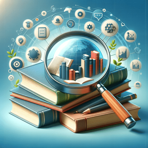 Livres, loupe, icônes éducation et technologie.