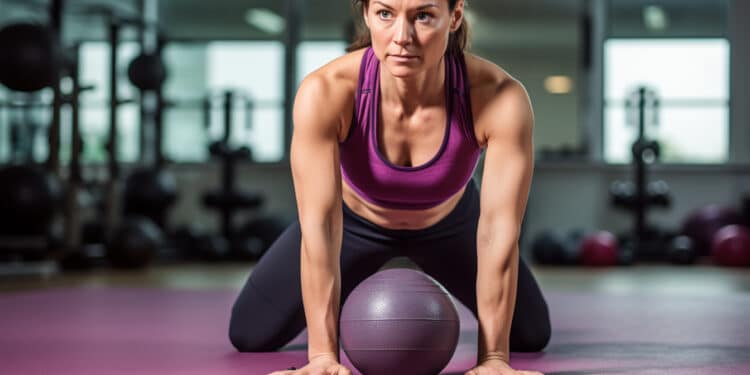 Femme faisant exercice avec ballon de fitness en salle.