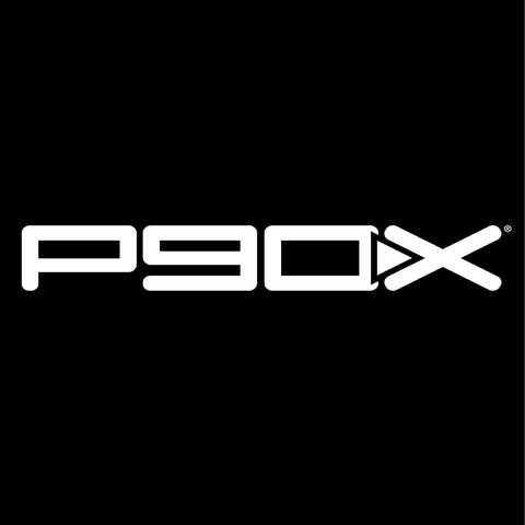 Logo P90X sur fond noir.