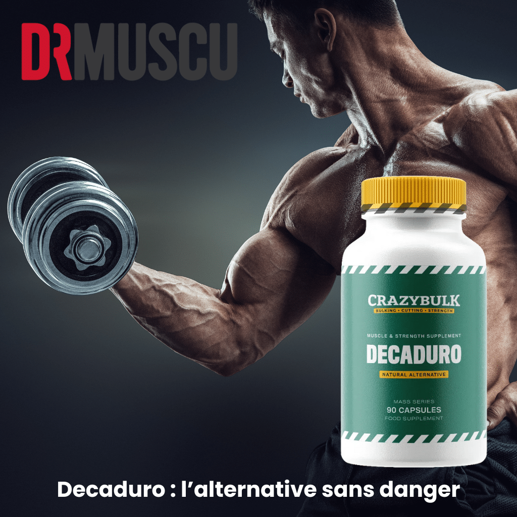Homme musclé tenant haltère, supplément Decaduro.