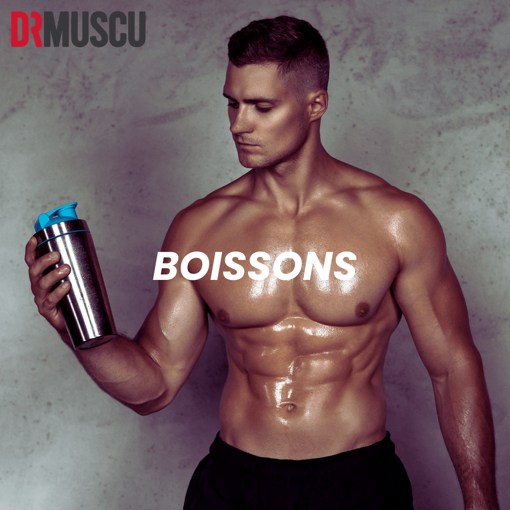 Homme musclé tenant shaker de protéines.