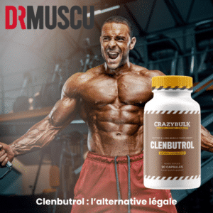 Bodybuilder présentant un complément alimentaire Clenbutrol.