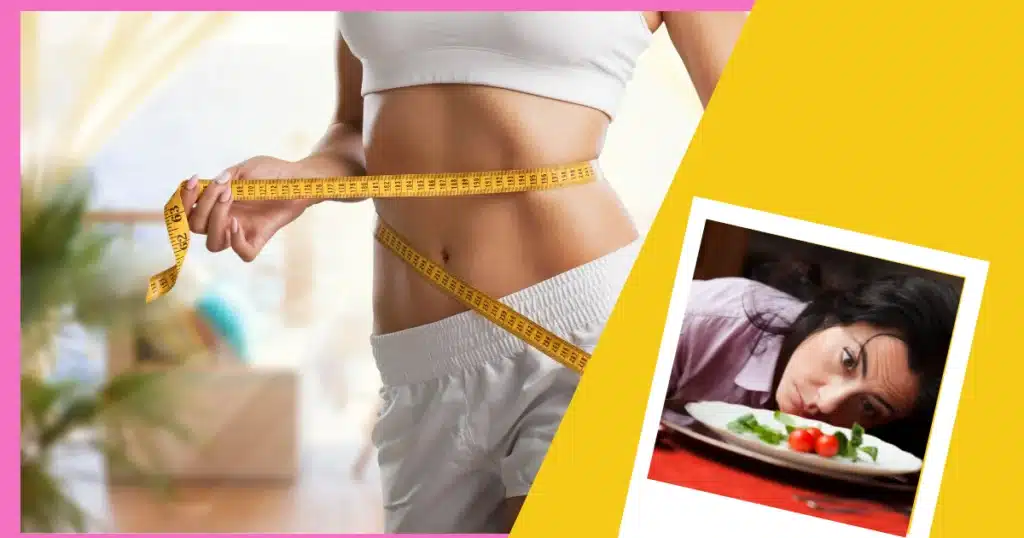 Femme mesurant tour de taille, après un régime d'une semaine et frustration alimentaire.