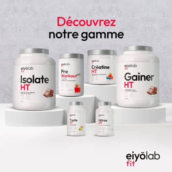 Produits nutrition sportive Eiyōlab: isolat, créatine, gainer.