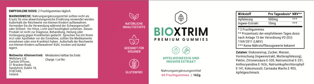 Étiquette de supplément alimentaire Bioxtrim, gélifiés au vinaigre de pomme.