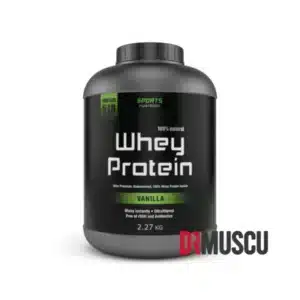 Pot de protéine Whey vanille.