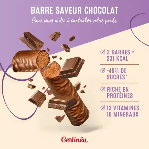 Barre chocolatée nutritive avec informations diététiques.