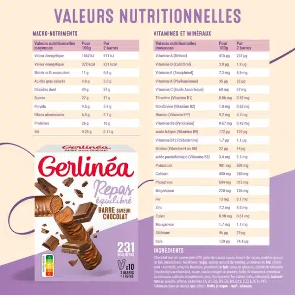 Tableau nutritionnel de barre chocolatée Gerlinéa.