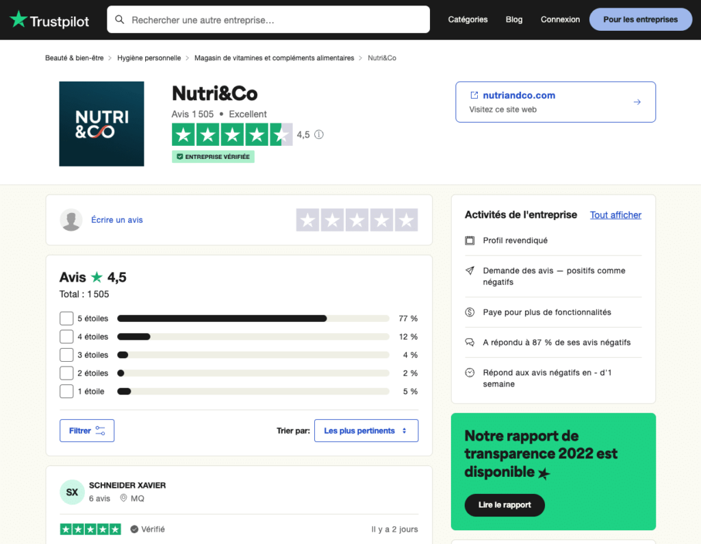 Page Trustpilot d'évaluation Nutri & Co, 4,5 étoiles.