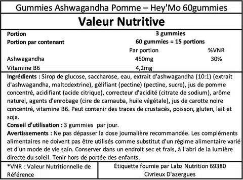 Étiquette nutritionnelle de gummies Ashwagandha pomme.