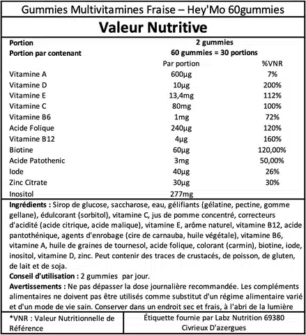 Tableau nutritionnel de gummies multivitamines.