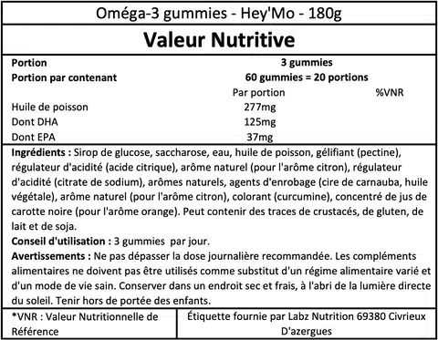 Tableau valeur nutritive d'Omega-3 gummies.