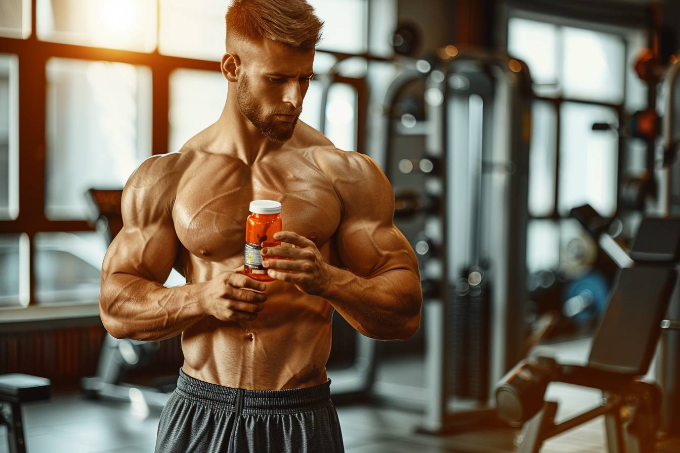 Homme musclé tenant un flacon de suppléments