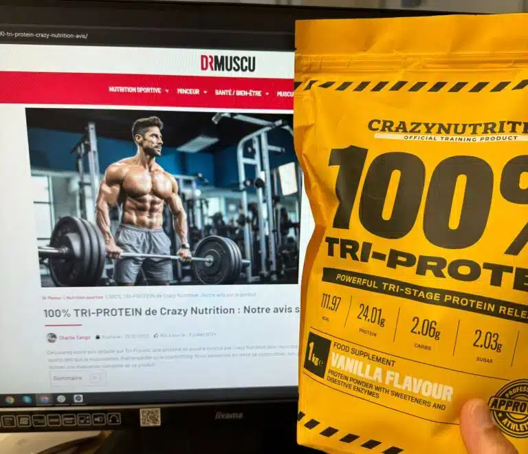Article et sachet de protéine TRI-PROTEIN Crazy Nutrition