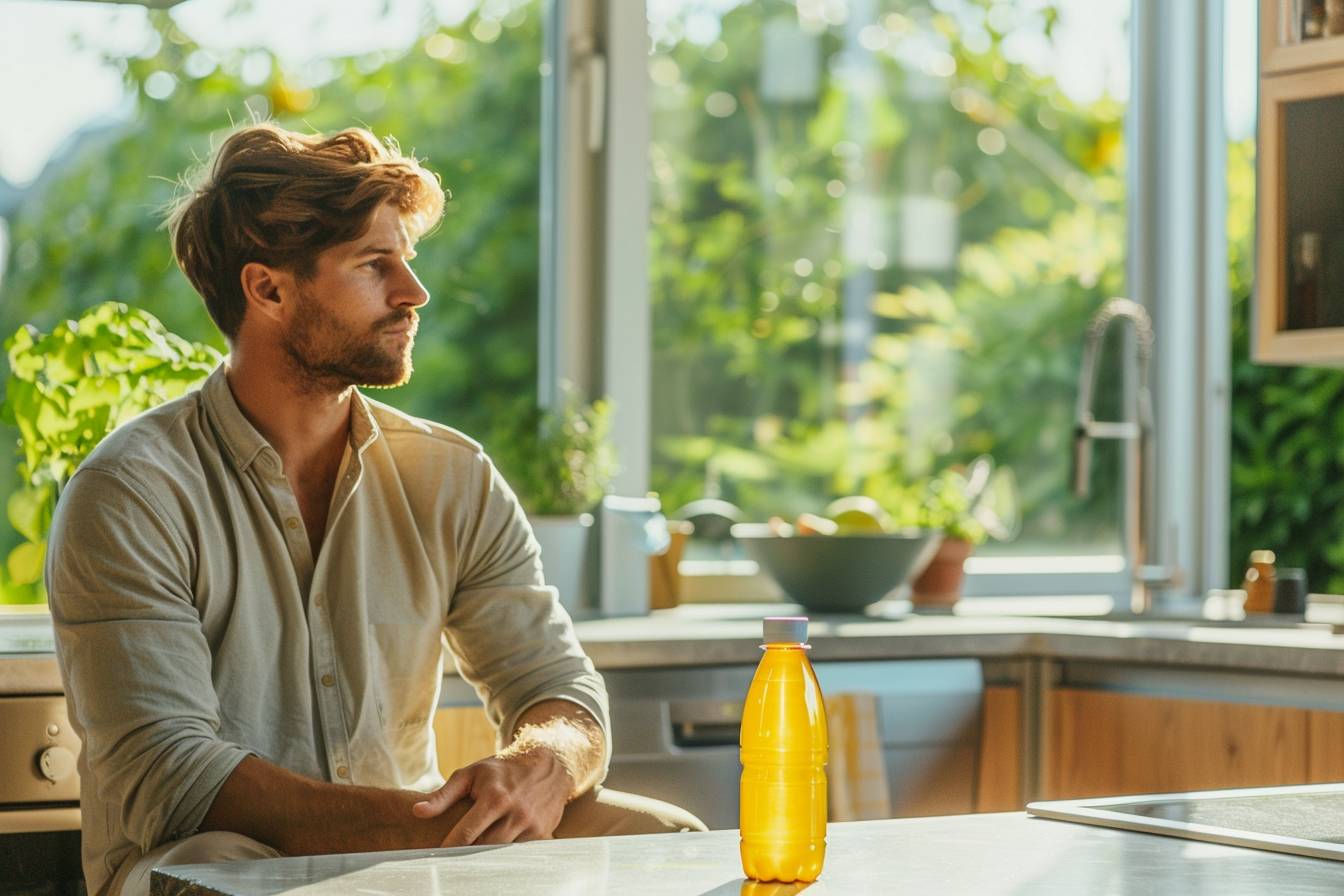 Homme pensif dans une cuisine avec bouteille jaune.
