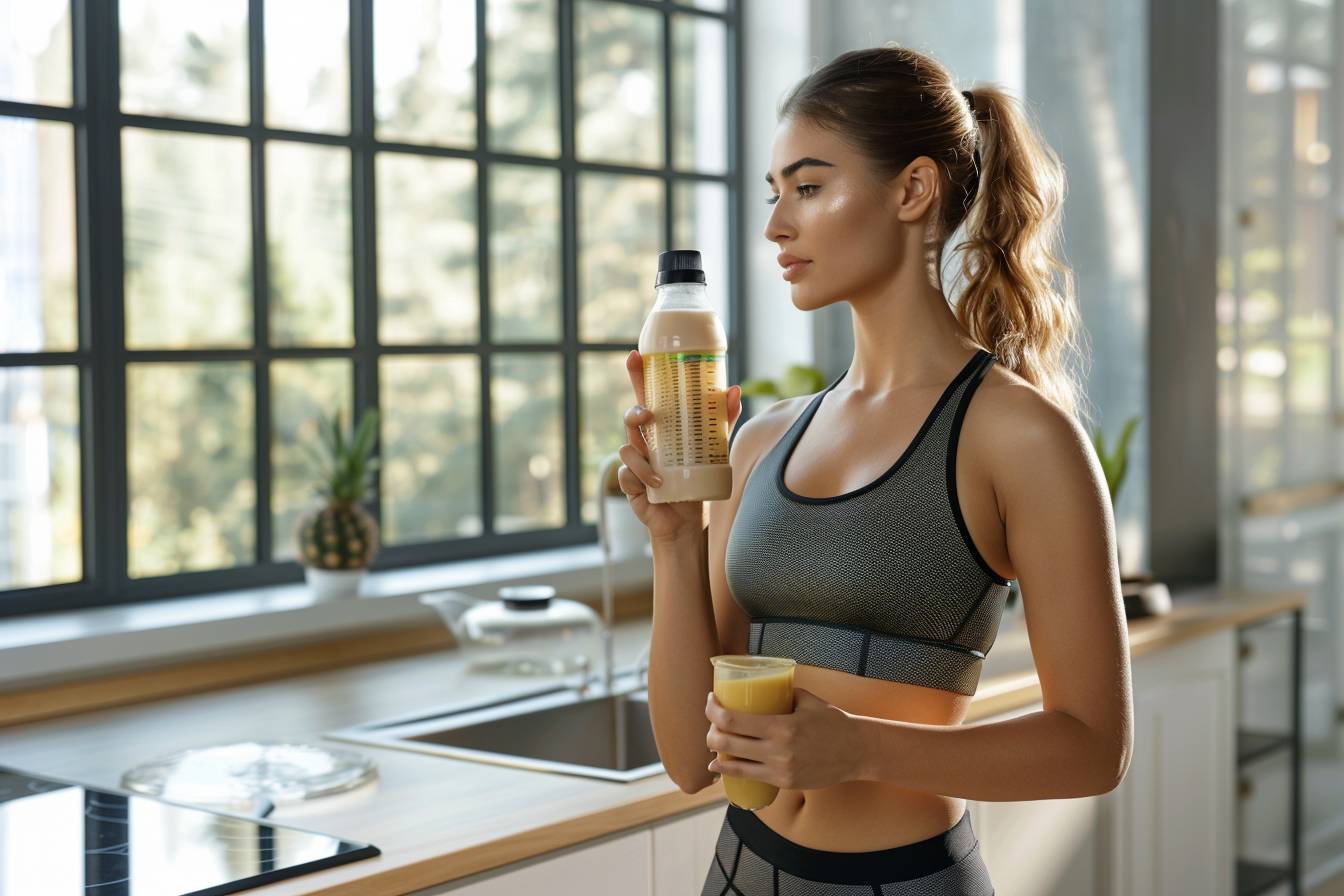 Femme sportive tenant une boisson protéinée dans cuisine.