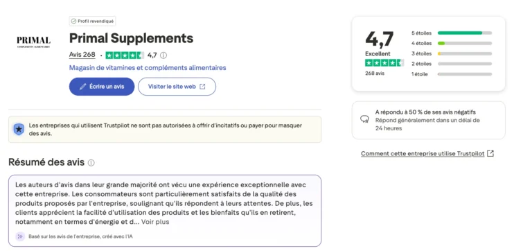 Évaluation de Primal Supplements sur Trustpilot, score excellent.