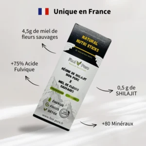 Boîte de sticks shilajit et miel nutritionnels naturels, unique en France.