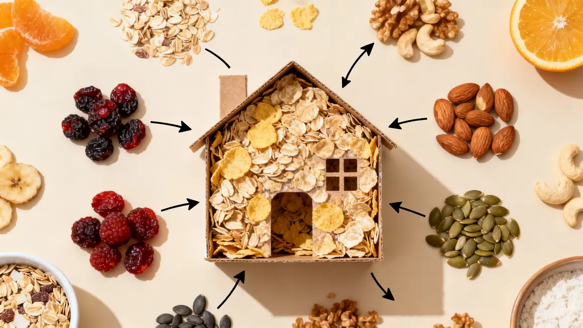 Ingrédients muesli sain sèche maison vue de haut