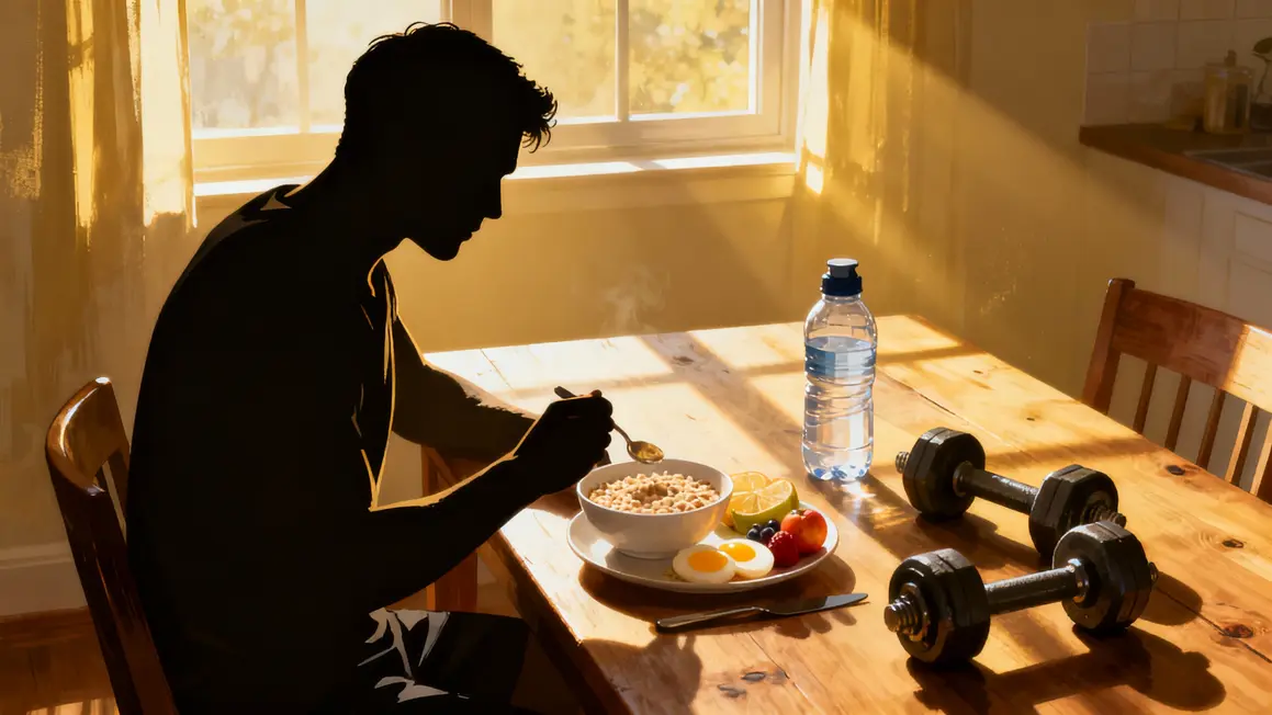Homme mangeant petit déjeuner prise de masse, musculation