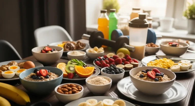 Petit déjeuner riche prise de masse, table aliments protéinés