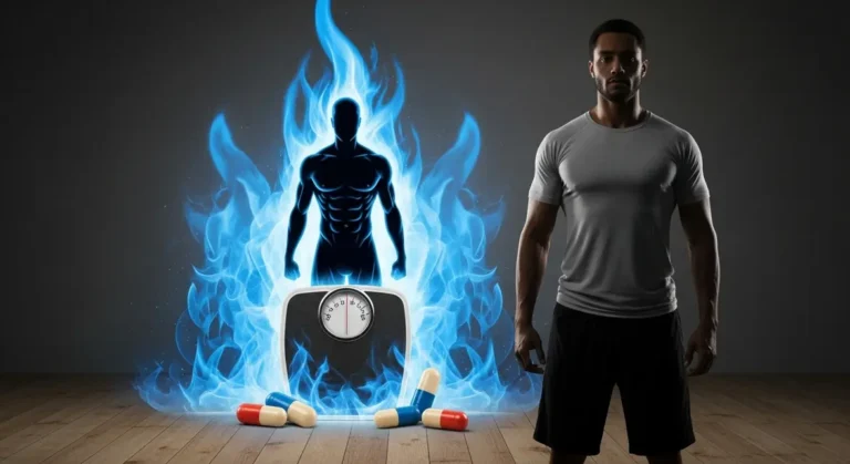 homme sec devant flammes bleues fond energie