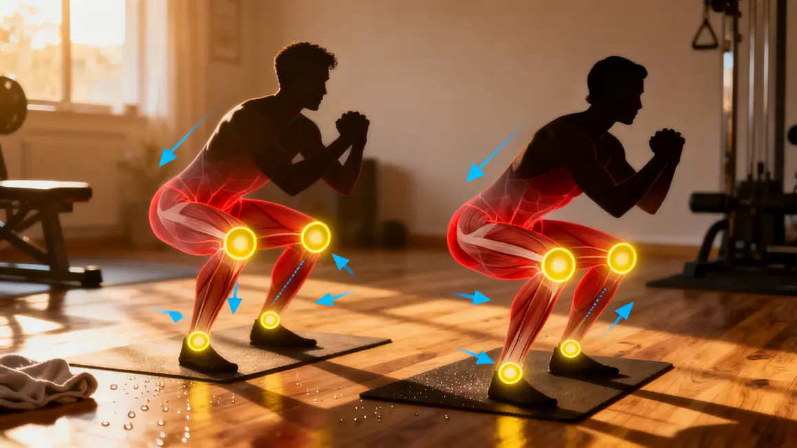 Exécution mouvement squat, muscles et articulations, squat débutant