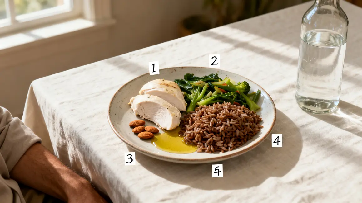Assiette repas sèche musculation poulet riz légumes huile amandes