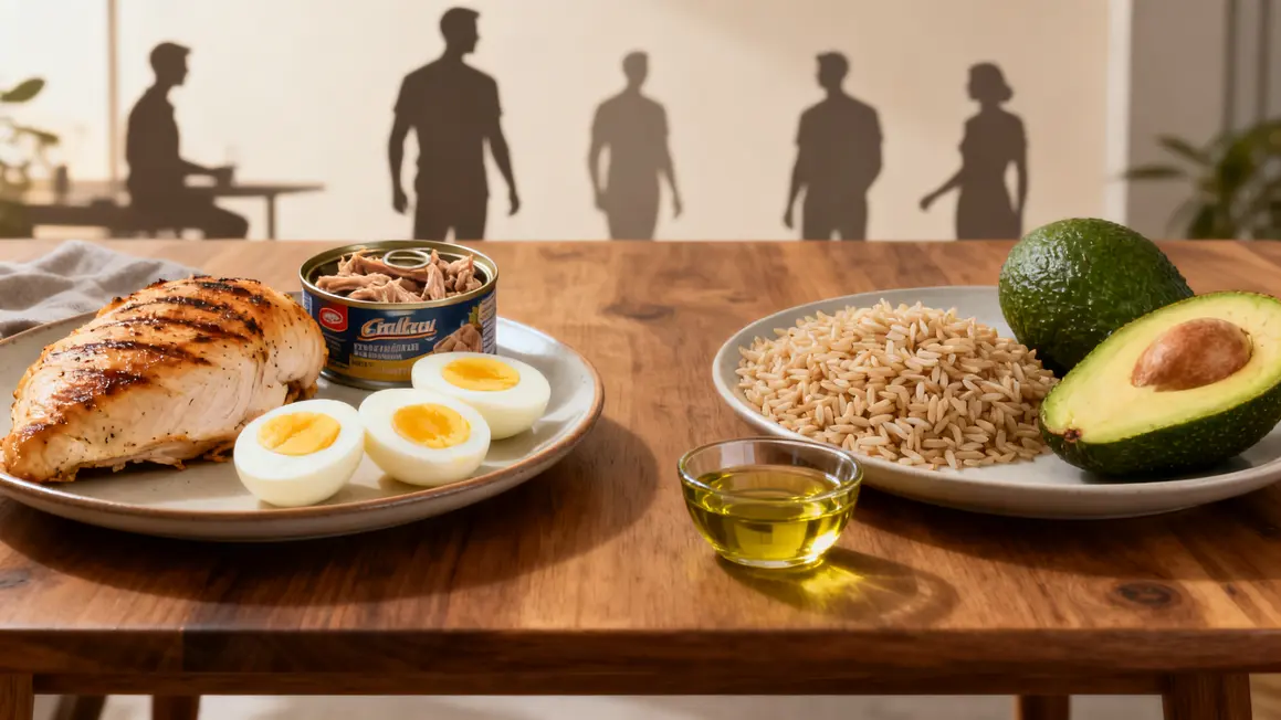 Balance aliments sèche homme protéines glucides lipides photo-réaliste