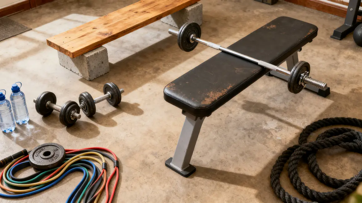 materiel minimal developpe couche banc haltères bidons d'eau home gym