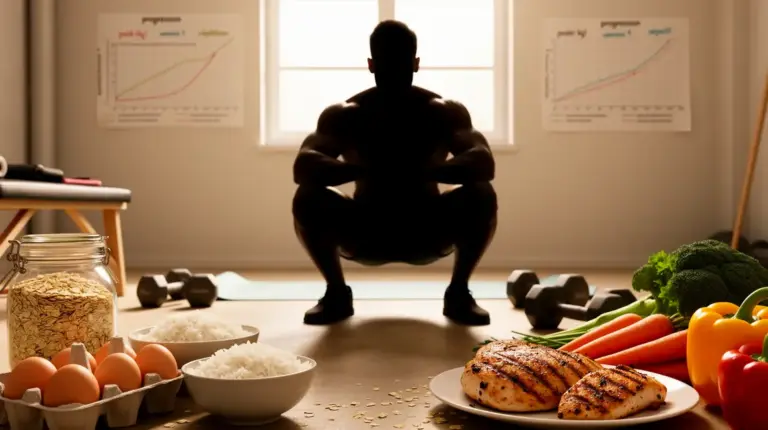 Squat prise de masse propre 2026 entouré aliments musculation
