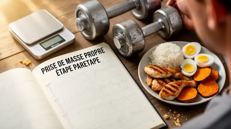 carnet prise de masse propre avec balance haltères et aliments