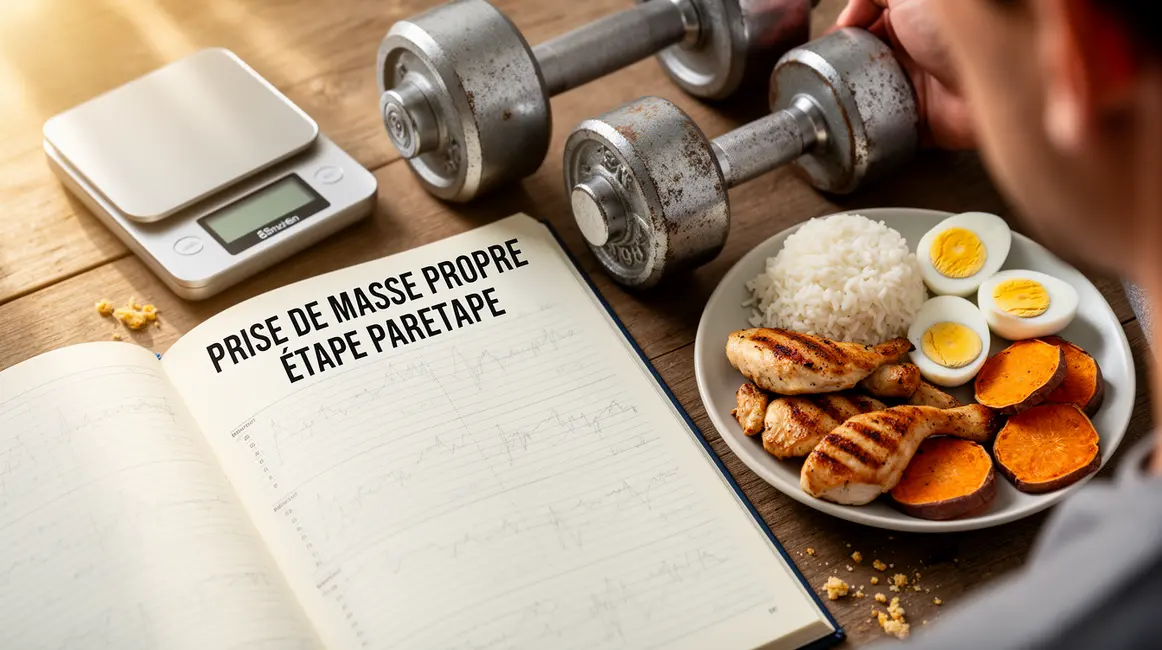 carnet prise de masse propre avec balance haltères et aliments