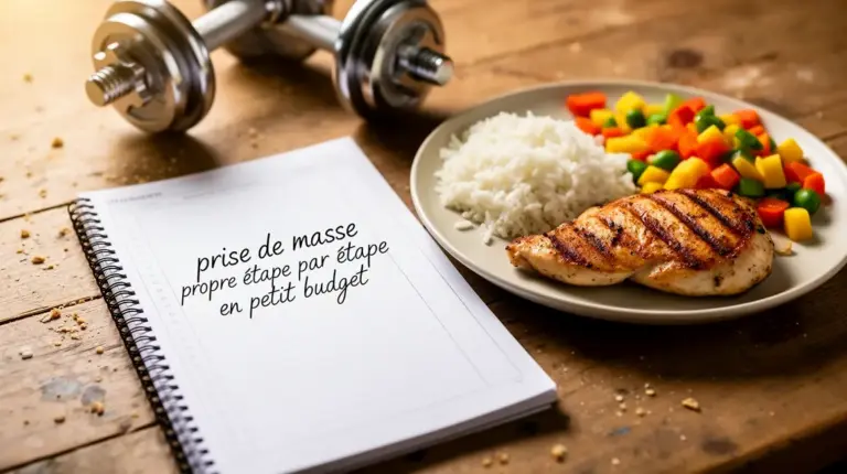 Carnet suivi prise de masse propre petit budget, repas protéiné, haltères
