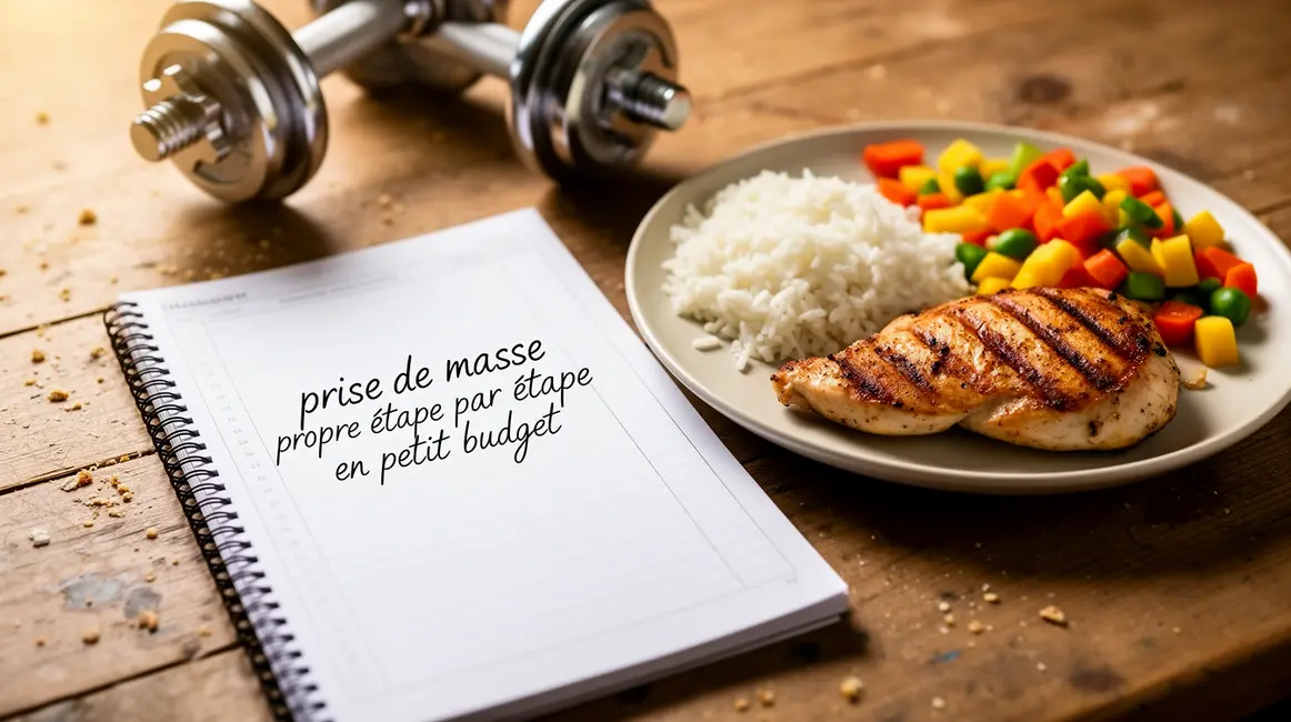 Carnet suivi prise de masse propre petit budget, repas protéiné, haltères