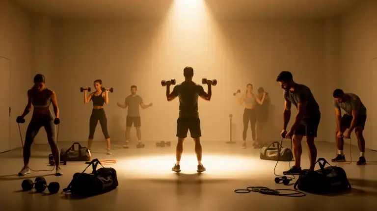 visuel salle musculation minimaliste avec silhouettes et programme hypertrophie