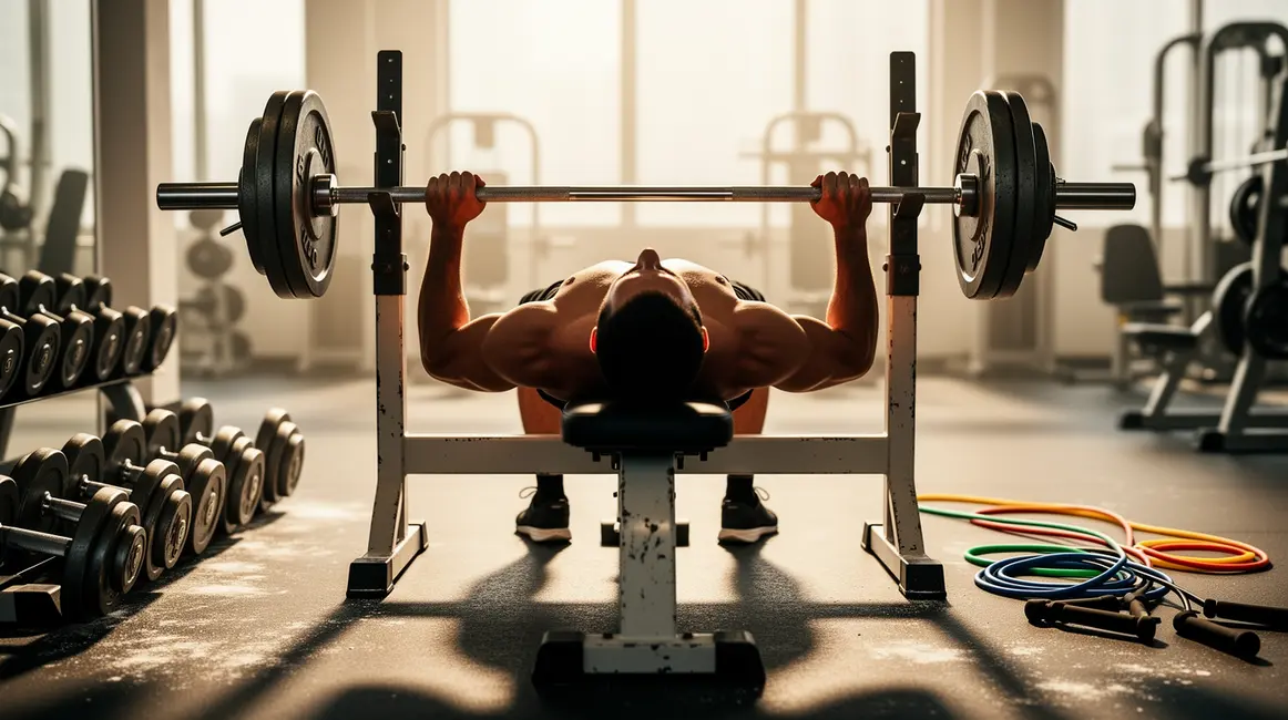 progression au developpe couche en salle de sport avec banc et barre