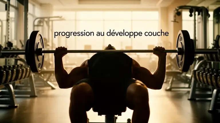 Homme musclé développé couché barre texte progression