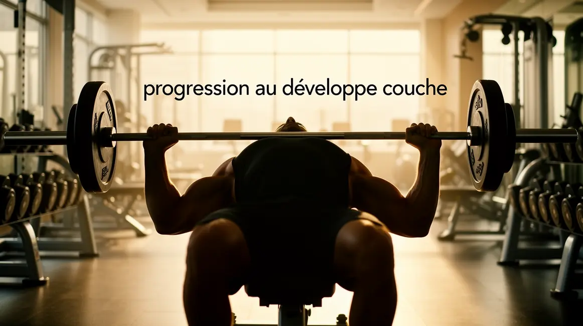 Homme musclé développé couché barre texte progression
