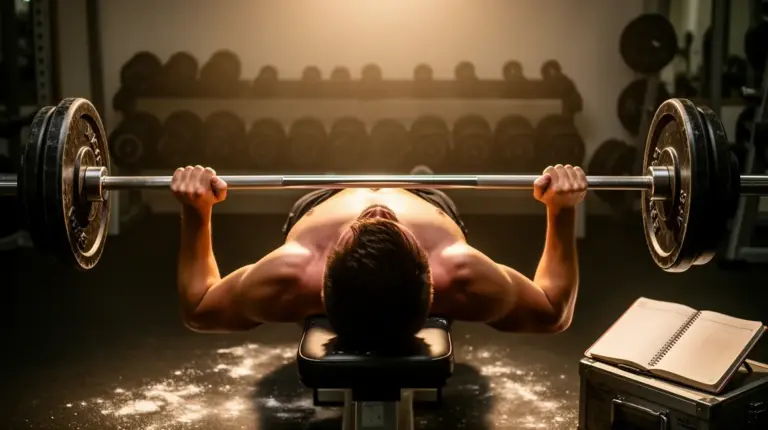 Homme sur banc de musculation préparé pour progresser au développé couché