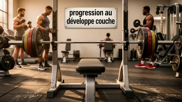 Salle de musculation, barre de développé couché, ambiance dynamique
