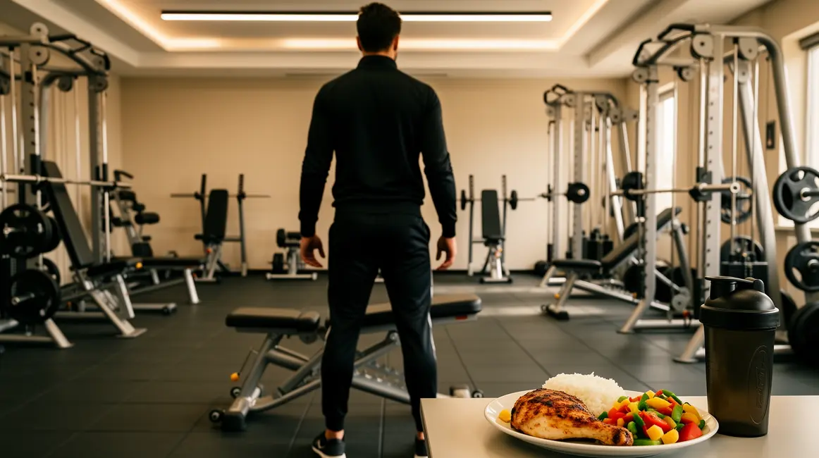 Homme shaker proteines poulet riz entrainement
