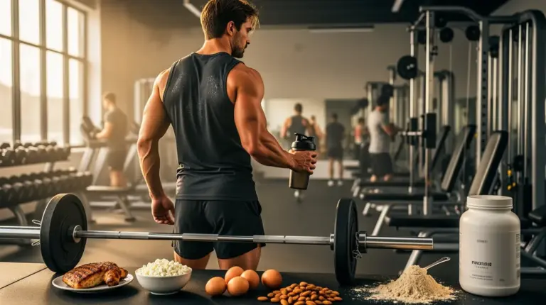 Vue athlète salle musculation shaker aliments protéines