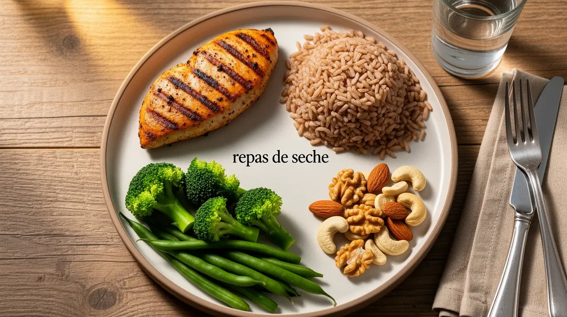 repas de sèche stylisé assiette équilibrée poulet riz complet légumes noix