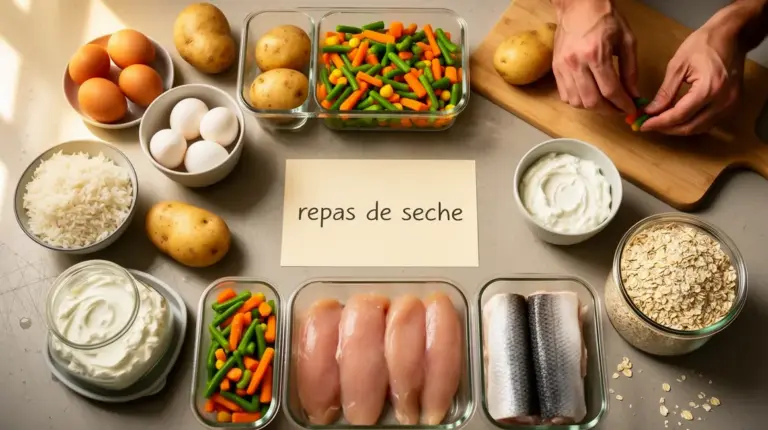 repas de seche budget table garnie aliments essentiels vue meal prep