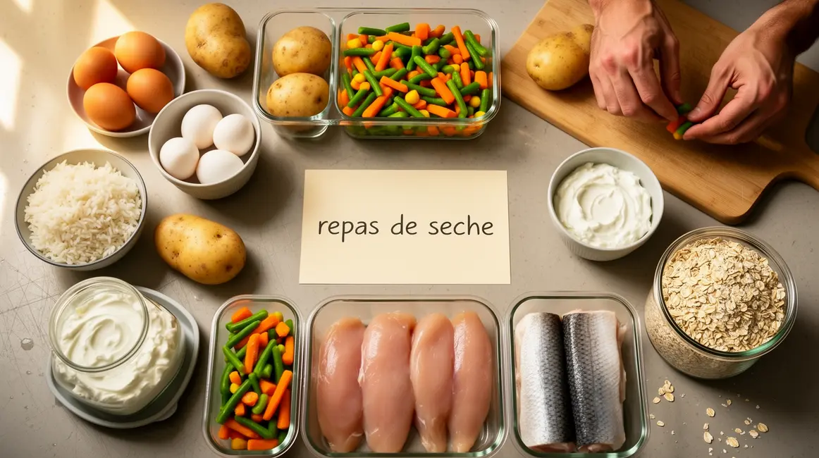 repas de seche budget table garnie aliments essentiels vue meal prep