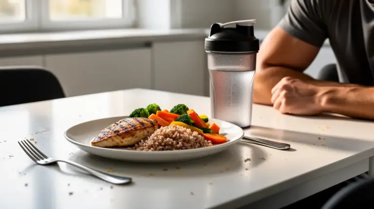 Repas sèche musculation poulet riz légumes shaker, nutrition sportive moderne