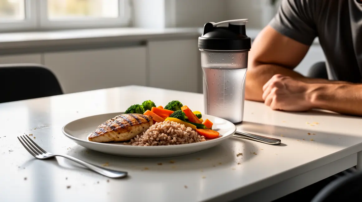 Repas sèche musculation poulet riz légumes shaker, nutrition sportive moderne