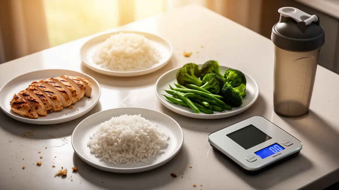 repas de sèche assiettes poulet riz légumes balance nutrition shaker