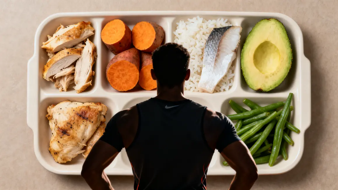 repas de seche plat compartimente poulet patate douce poisson balance